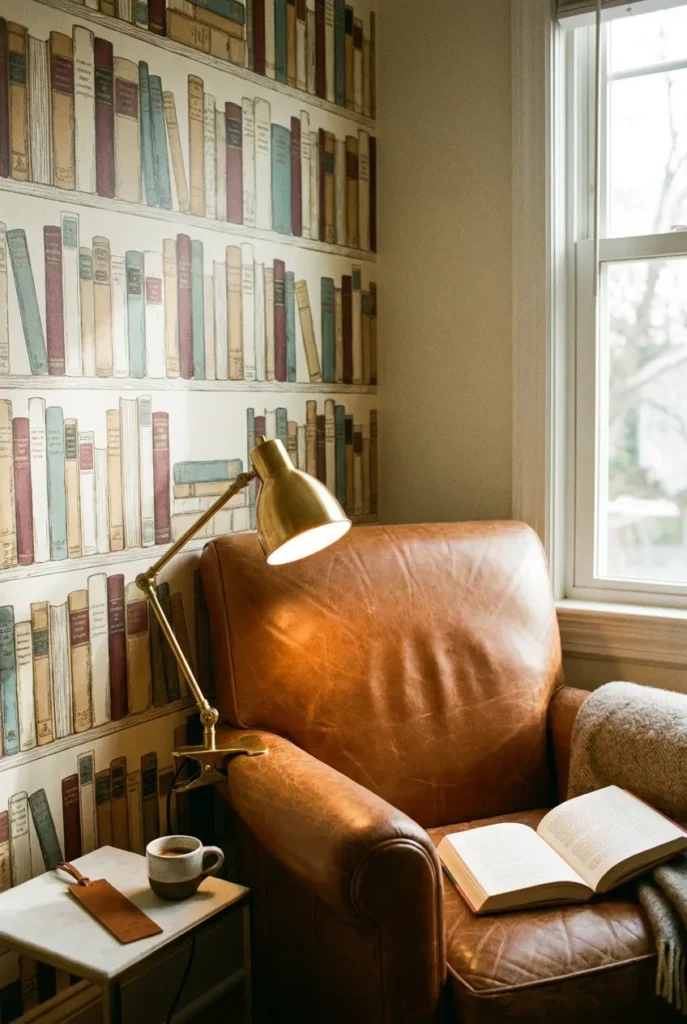 Literary reading nook with vintage book spine illustrated wallpaper, cognac leather armchair, and brass clip reading lamp.