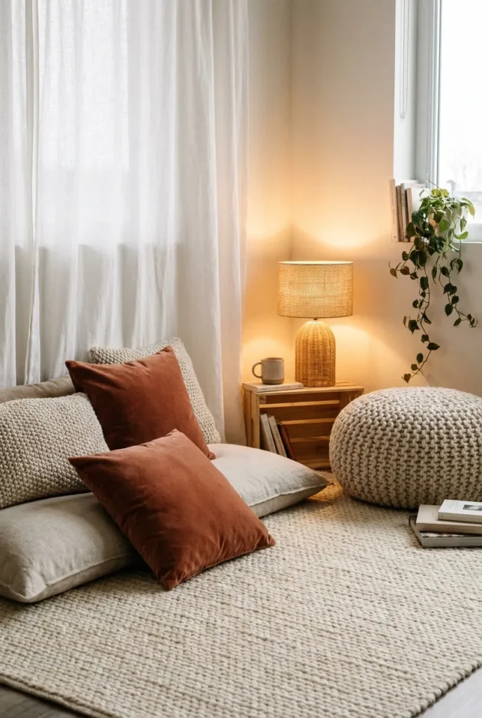 Loft reading nook layered with a jute rug, floor pillows, and curtains to soften sound.
