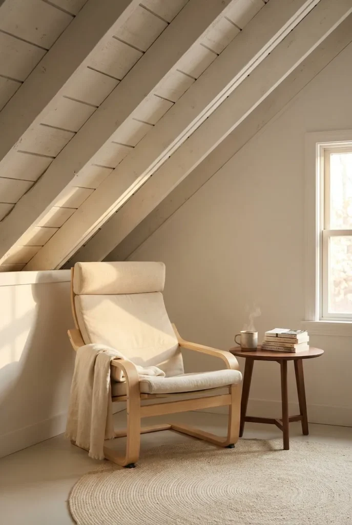 Low-profile birch armchair angled under attic eaves at 70-inch peak with round walnut side table, ceramic mug, linen throw, and jute rug in a hygge Scandinavian reading nook.