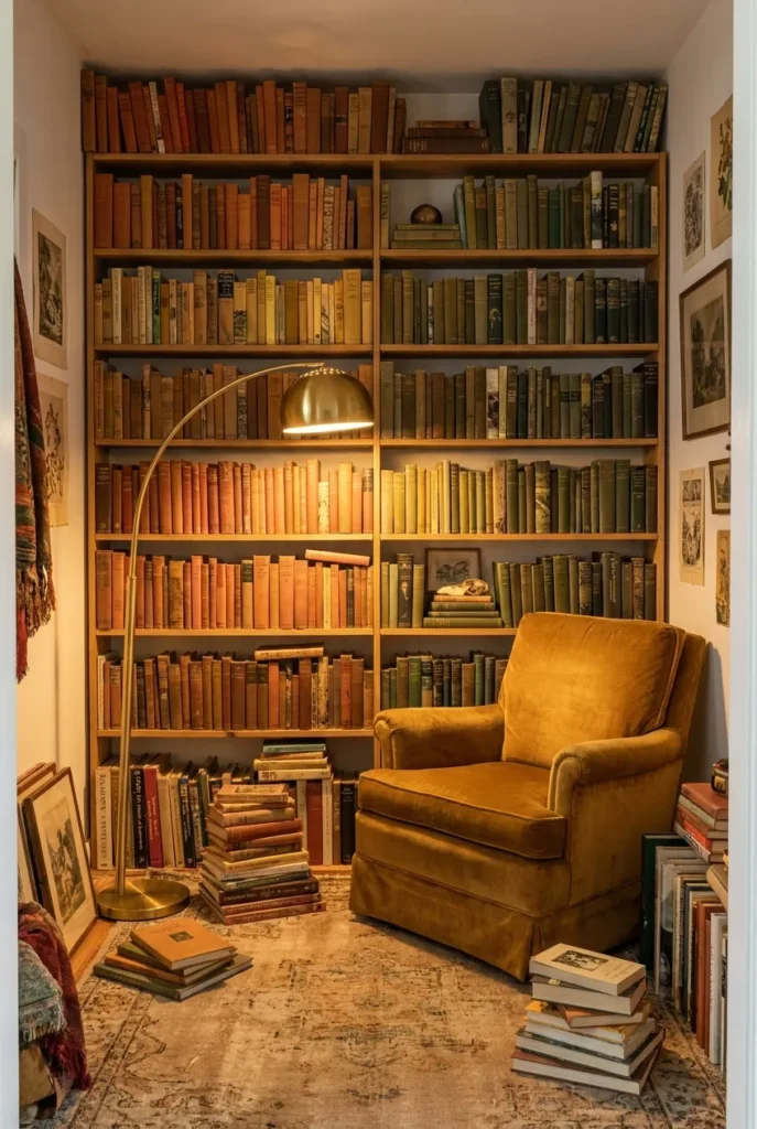 Maximalist reading nook with a full bookcase wall and a single warm-lit reading chair.