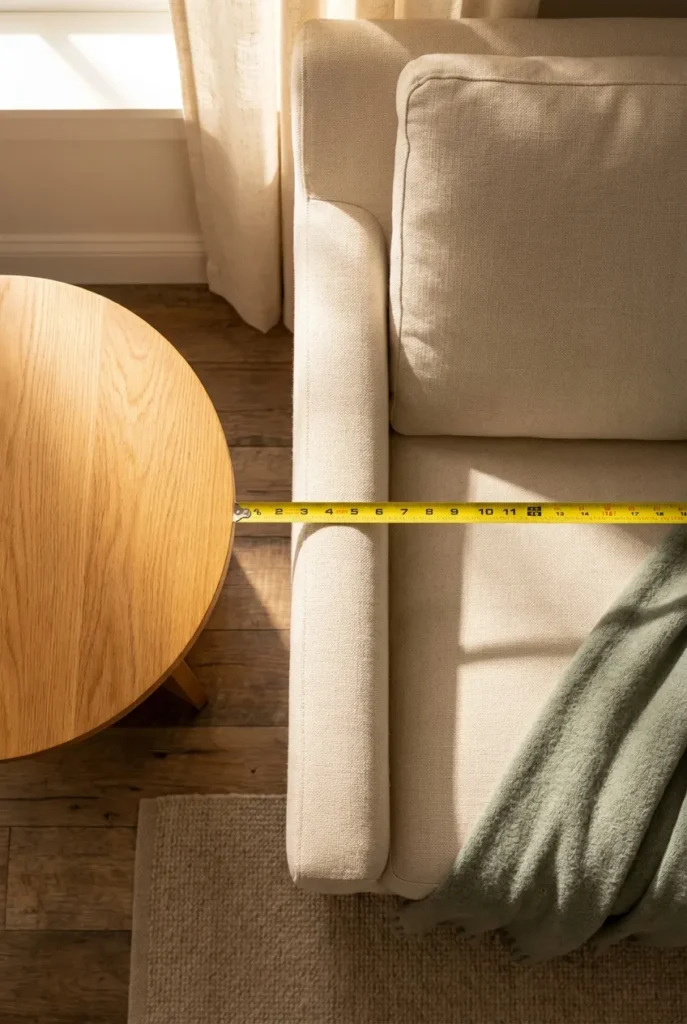 Measuring tape showing the 18-inch gap between an armchair shoulder line and a round oak reading nook side table.
