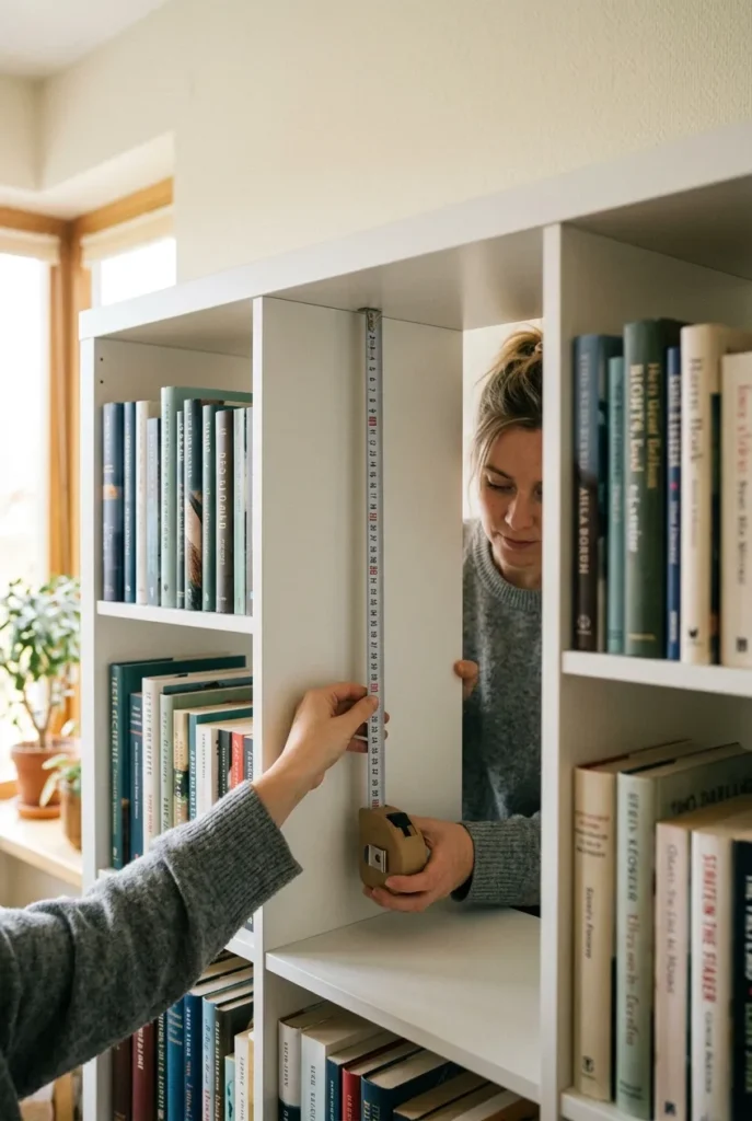 Measuring the height of a bookshelf gap with a tape measure to size a book nook insert.