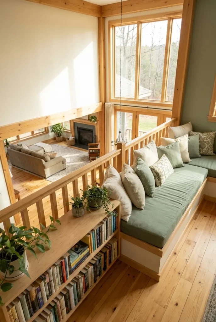Mezzanine loft reading nook set safely back from the railing with a low bookcase barrier.