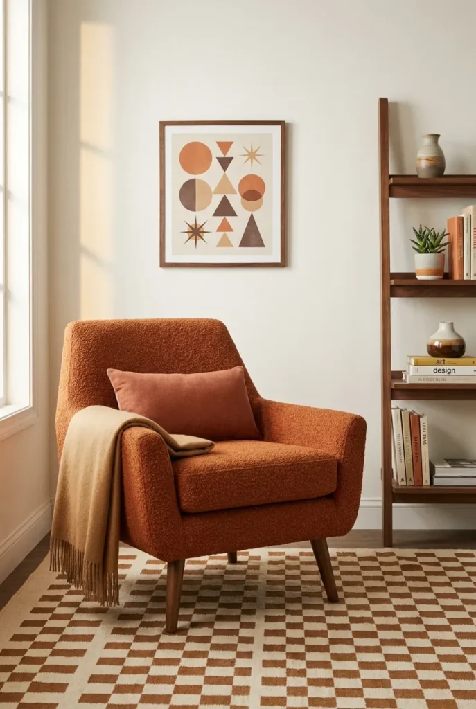Mid-century modern reading nook color palette with burnt orange armchair, walnut ladder shelf, geometric rug, and terracotta pillow.
