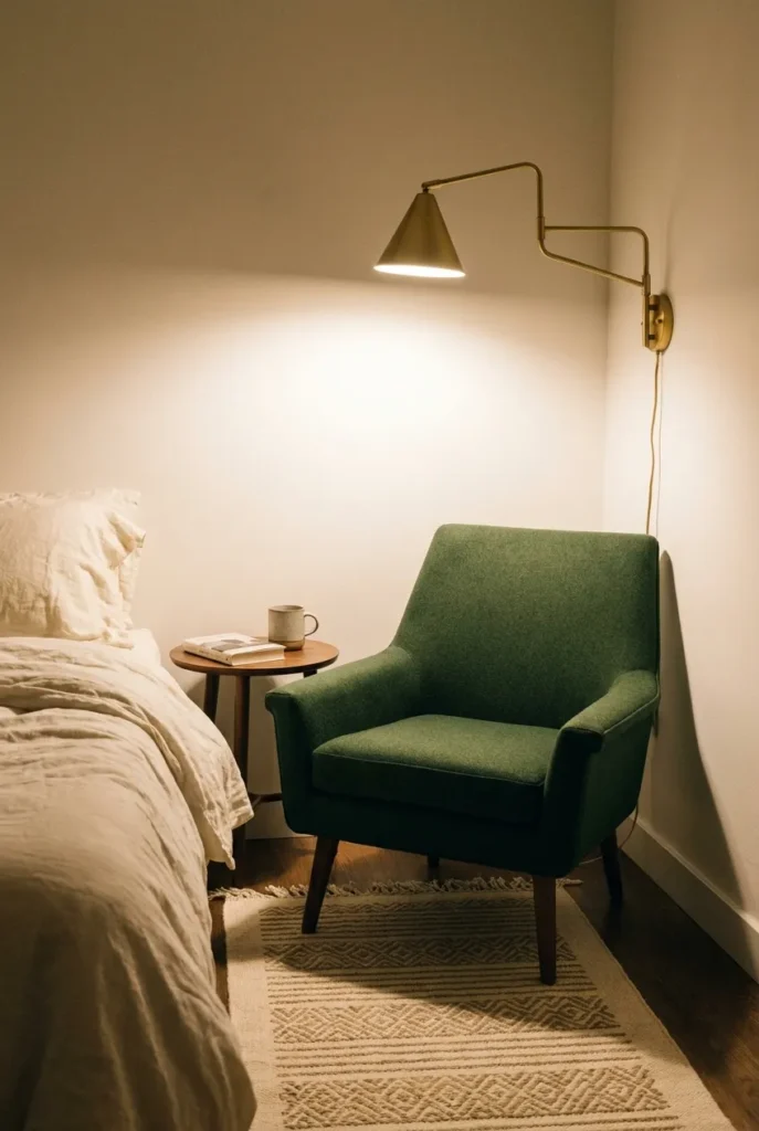 Mid-century modern reading nook in a bedroom with forest green accent chair, brass plug-in wall sconce at 55 inches, and walnut nightstand.