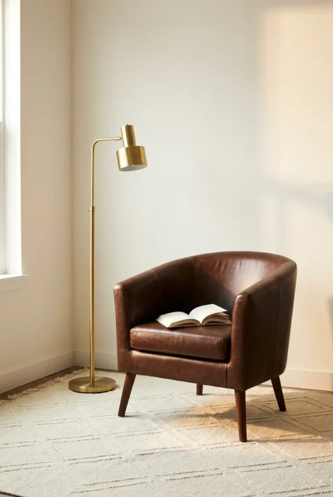 Minimal mid-century modern reading corner with walnut leather armchair, brass floor lamp, and geometric rug in a warm white room.