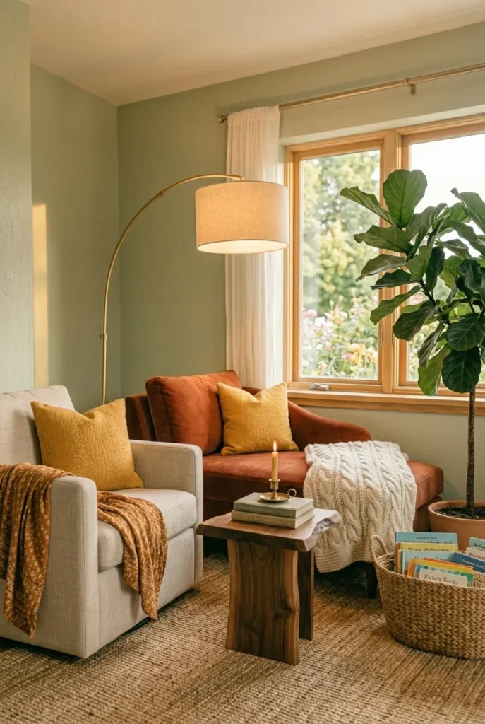 Mismatched two-seater reading nook pairing an upright armchair with a lounge chaise.