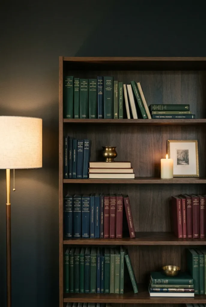 Moody home library bookcase using the layered book method with dark walnut shelves and charcoal accent wall.
