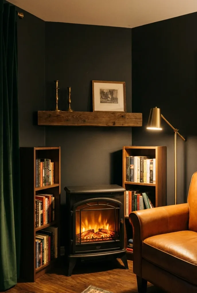 Moody home library fireplace corner with electric insert, dark walnut shelves, reclaimed wood mantel, and leather armchair.