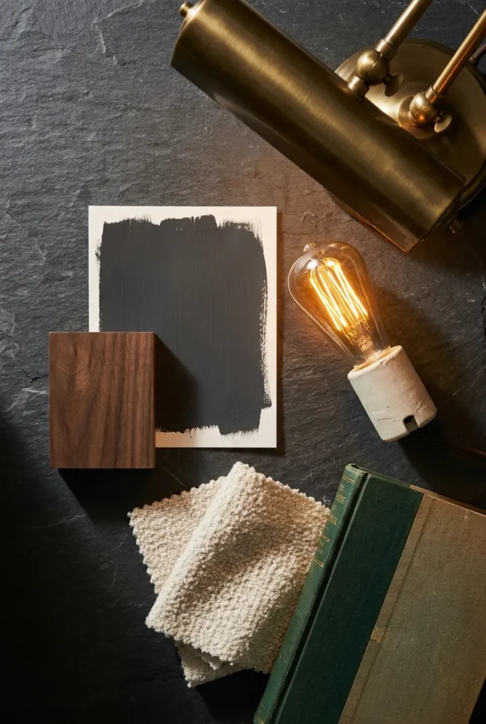 Moody home library layer stack showing charcoal paint, dark walnut shelf, 2700K brass bulb, boucle swatch, and green book.