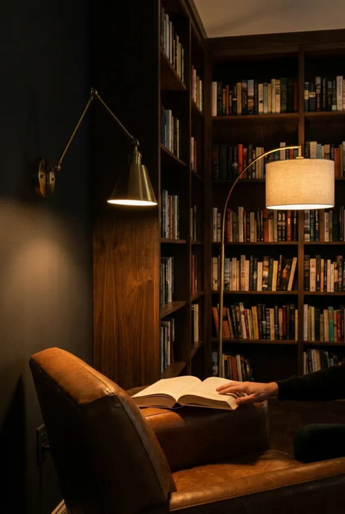 Moody home library lighting with brass swing-arm lamp and arc floor lamp at 2700K over a cognac leather armchair.