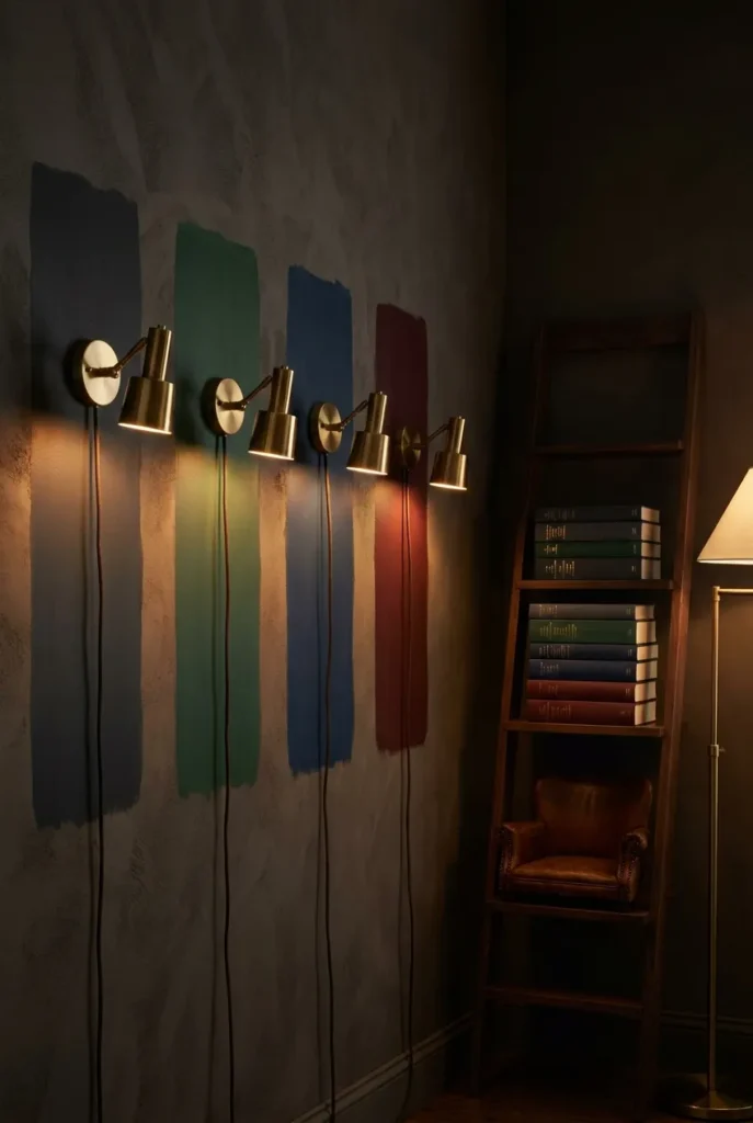 Moody home library paint color swatches in charcoal, forest green, navy, and oxblood lit by warm brass plug-in sconces.