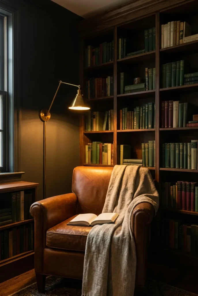 Moody home library reading nook with dark charcoal walls, cognac leather armchair, and warm brass swing-arm lamp.
