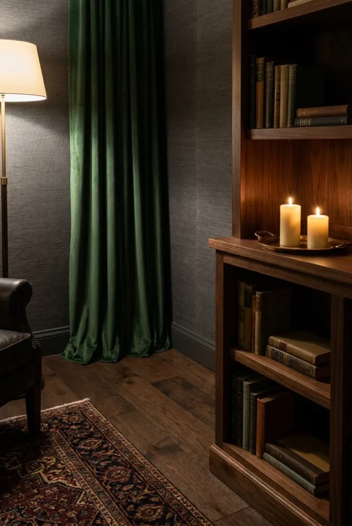 Moody home library with forest green velvet curtains, dark grasscloth wallpaper, Persian rug, and brass candle tray.