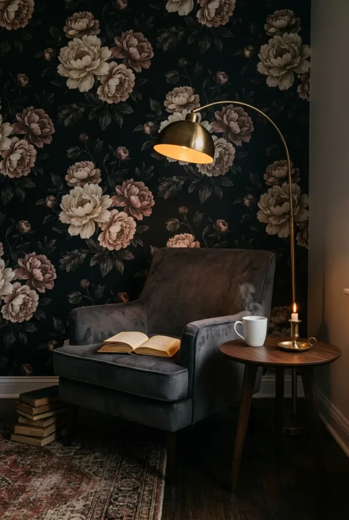 Moody reading nook with dark floral wallpaper, charcoal velvet armchair, brass arc lamp, and warm amber candlelight.