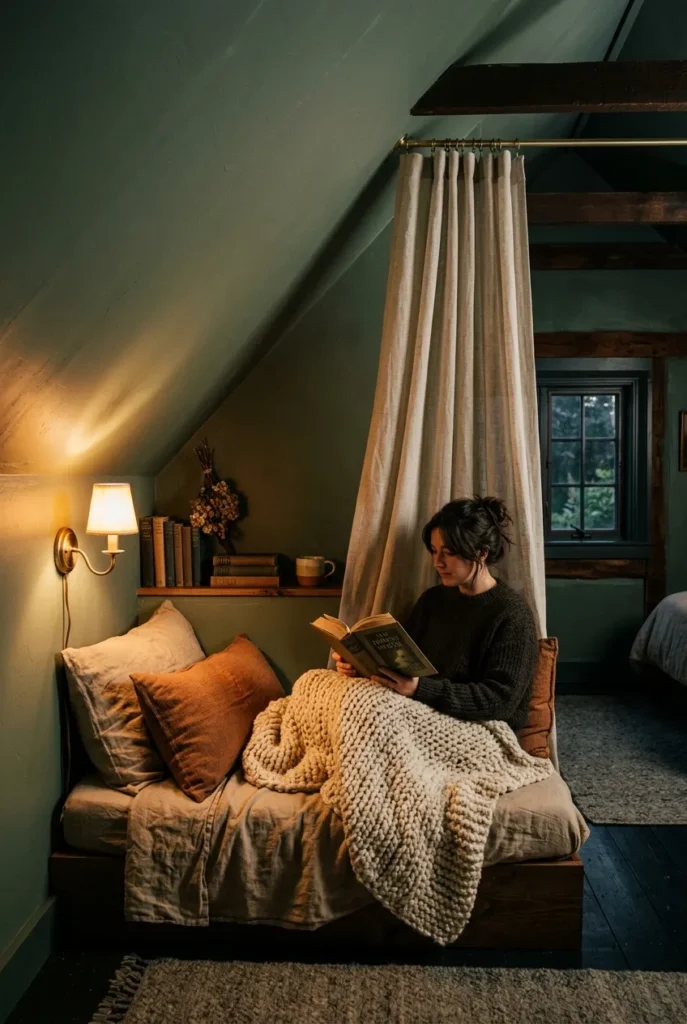 Moody sage-green eaves reading nook with cream boucle throw, rust lumbar pillows, sheer linen ceiling panel, and warm amber plug-in sconce in a dark cottagecore attic retreat.