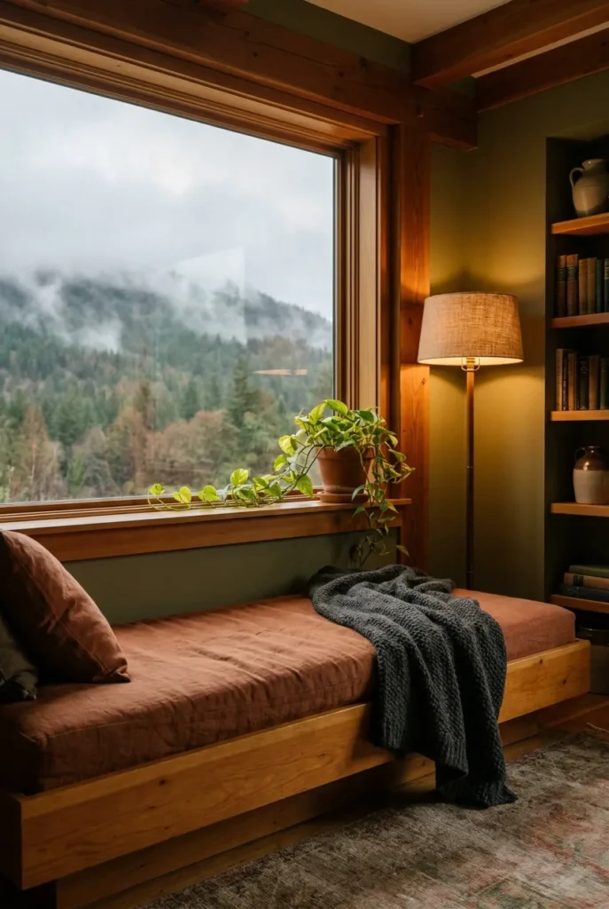Mountain view reading nook with a low daybed, rust cushion, wool throw, and warm lamp light.