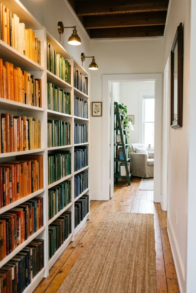 Narrow hallway transformed into a small home library with floor-to-ceiling white bookcases and warm brass plug-in sconces.