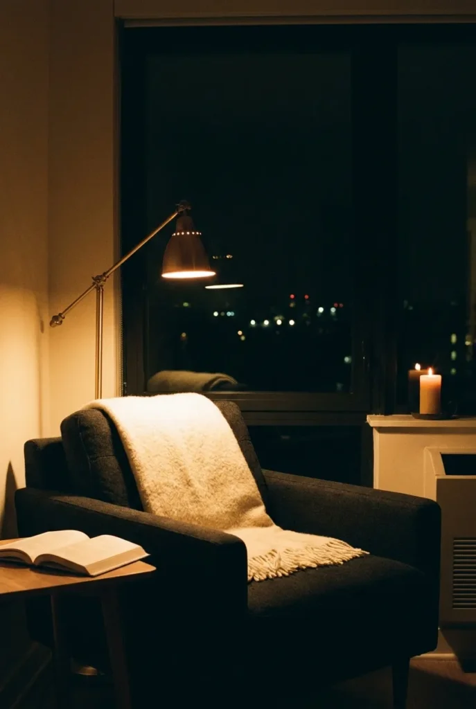 Nighttime reading nook with a warm swing-arm lamp glowing beside a dark window showing city lights.