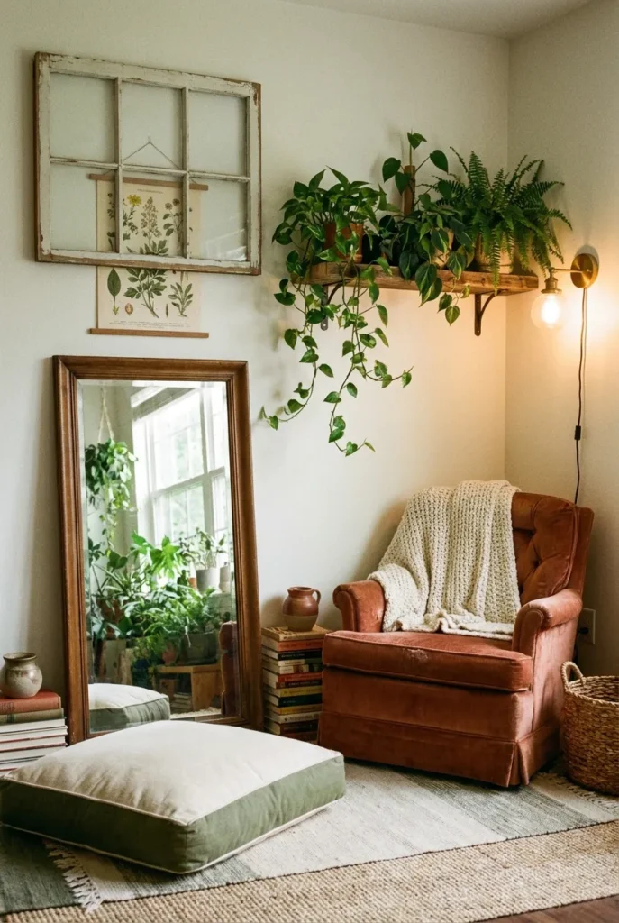 No-view reading nook using a mirror, faux window frame, and trailing plants to create a focal point.