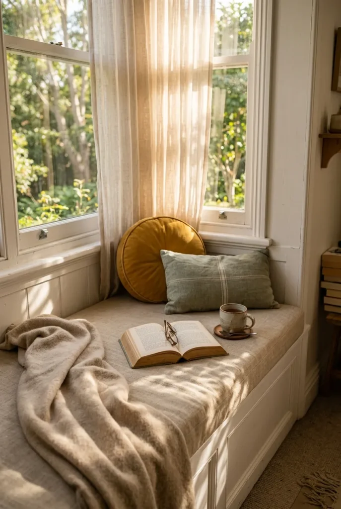 Oat linen reading nook bench cushion on a white window seat with wool throw, mustard bolster, and warm afternoon light.