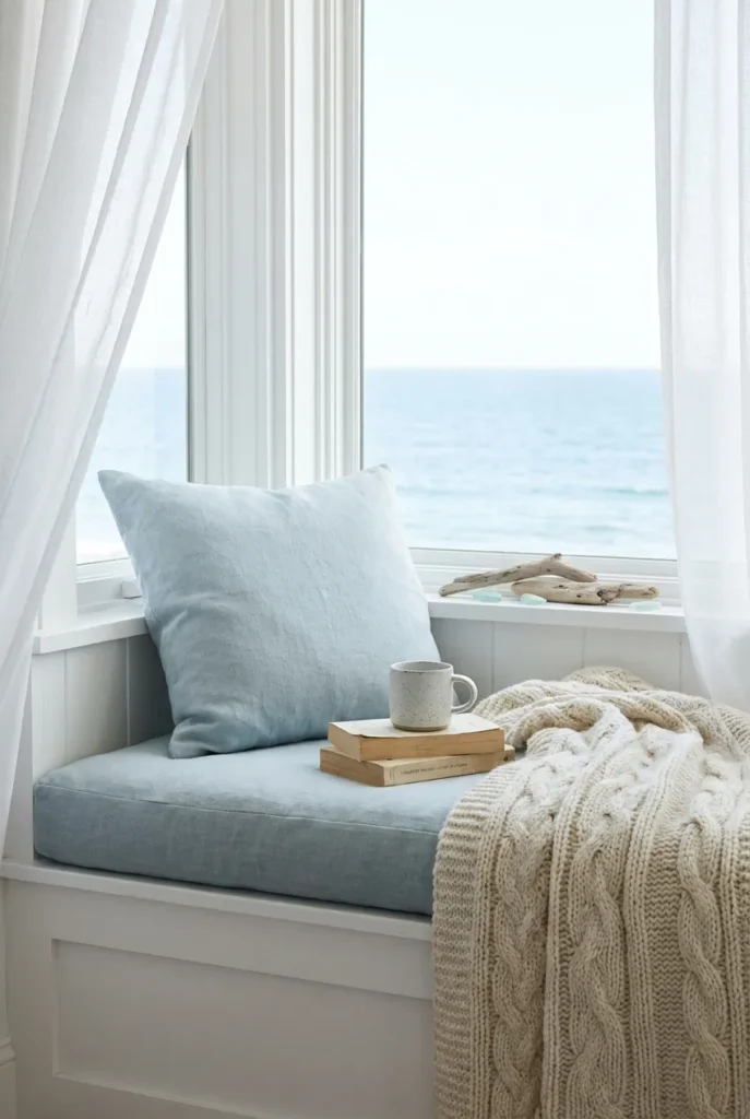 Ocean view reading nook with a white window seat, blue linen cushion, and cream knit throw.
