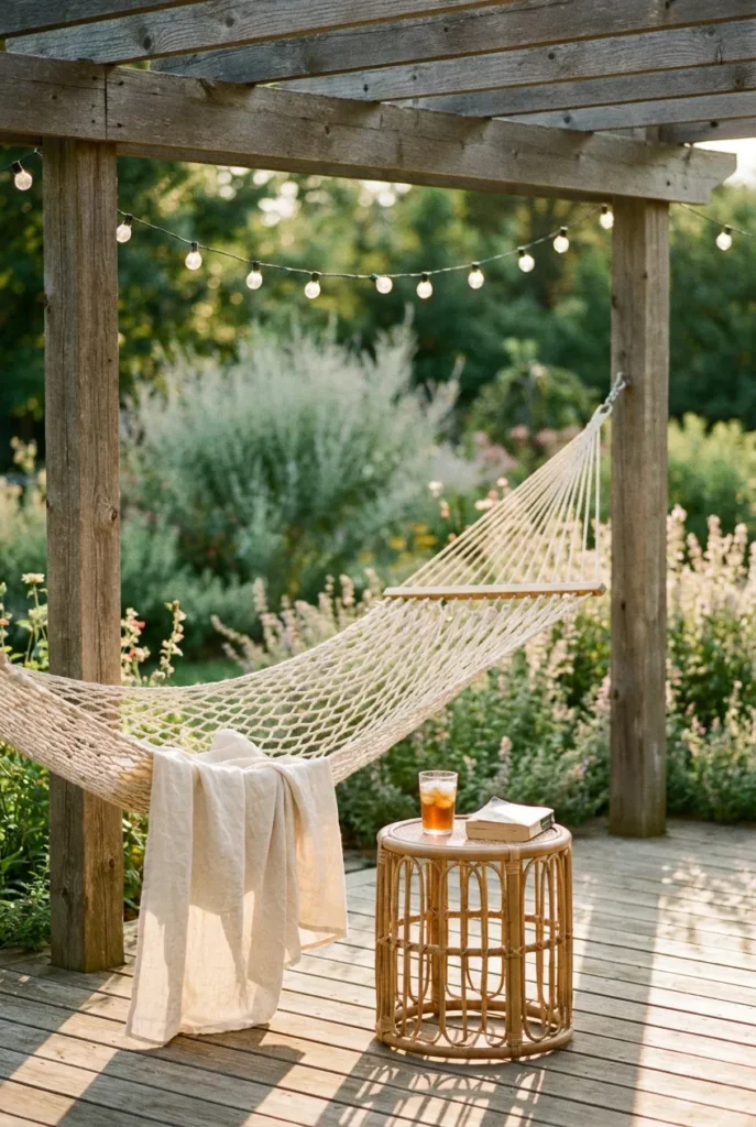 Outdoor hammock reading nook on wooden deck under pergola with linen throw, rattan side table, and garden view in golden-hour light.
