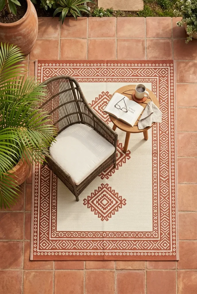 Overhead view of outdoor reading nook with cream terracotta flatweave rug anchoring rattan chair and round side table.