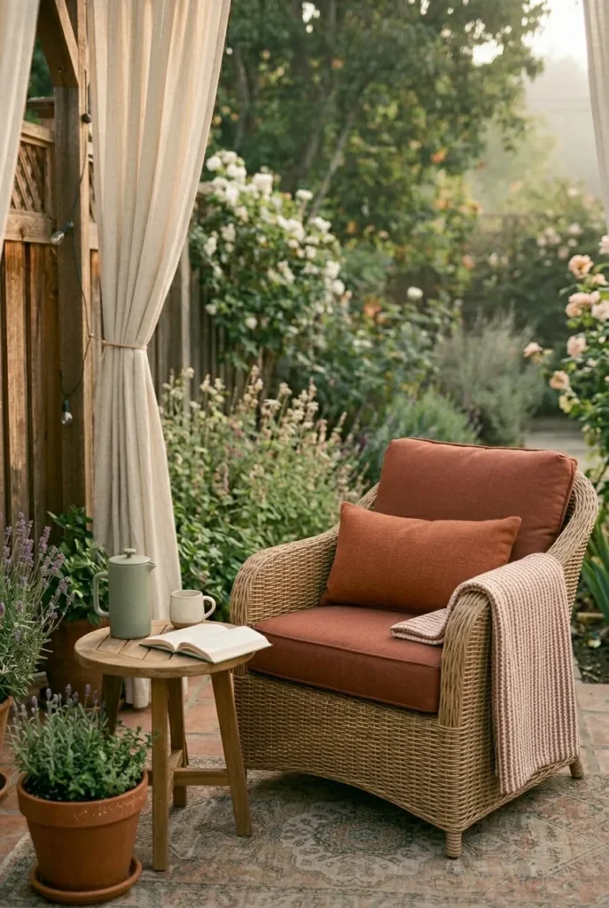 Patio reading chair with weatherproof acrylic pillow and polypropylene throw on a dewy morning balcony.