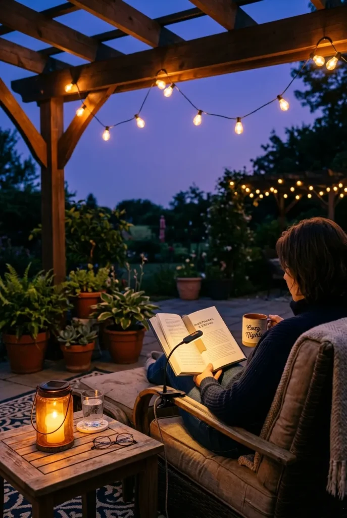 Patio reading nook at dusk with Edison string lights, clip-on reading lamp over book, and solar lantern on side table.