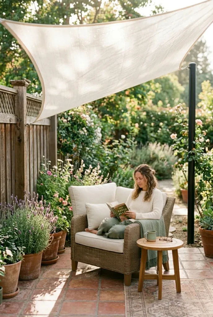 Patio reading nook with cream triangular sail shade angled over rattan armchair on terracotta tile.