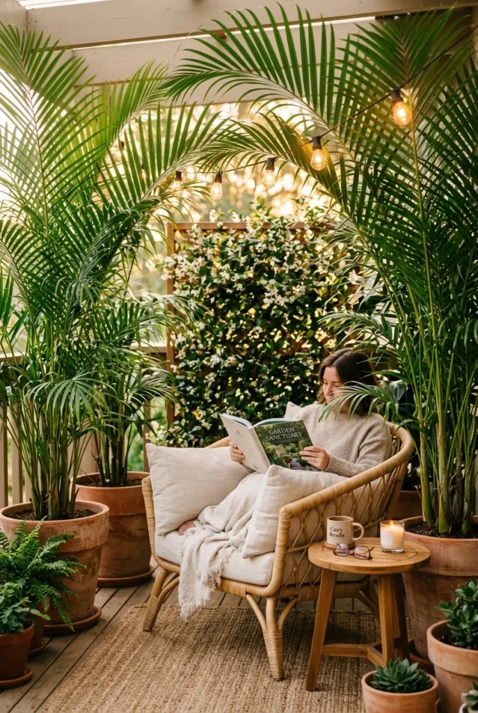 Patio reading nook with tall areca palms in terracotta pots flanking rattan chair, jasmine trellis in background.
