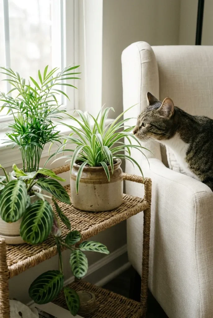 Pet-safe houseplants including spider plant, parlor palm, and calathea on a shelf beside a reading nook chair.