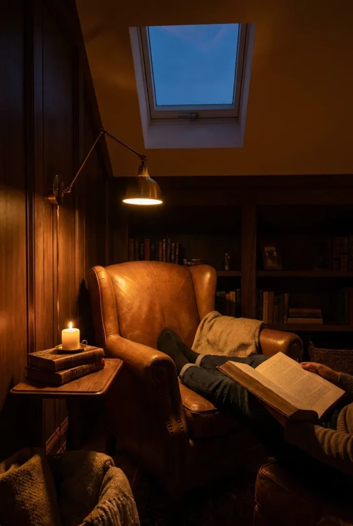Plug-in swing-arm sconce lighting a loft reading nook with a warm 2700K bulb at night.