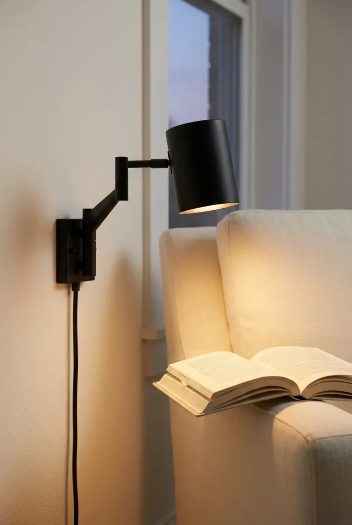 Plug-in swing-arm wall sconce at 2700K warm LED light beside summer reading nook chair, renter-safe no-wiring install.