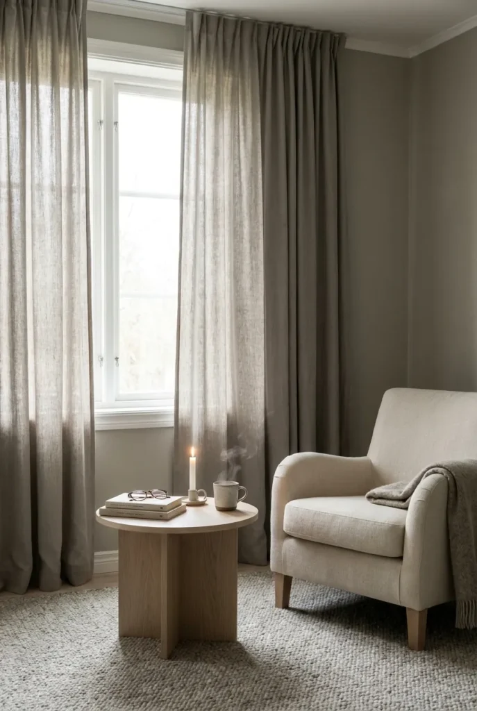 Quiet reading room with blackout curtains, a side table, a mug, and a candle.