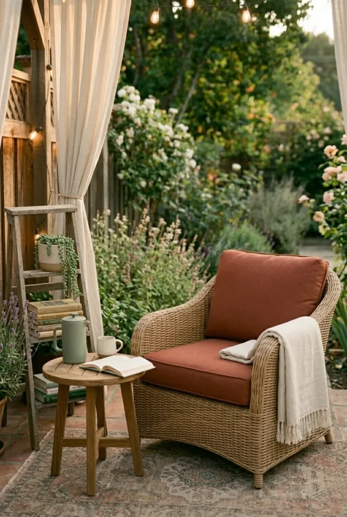 Rattan wicker armchair with terracotta cushion and cream linen throw on covered patio reading nook.