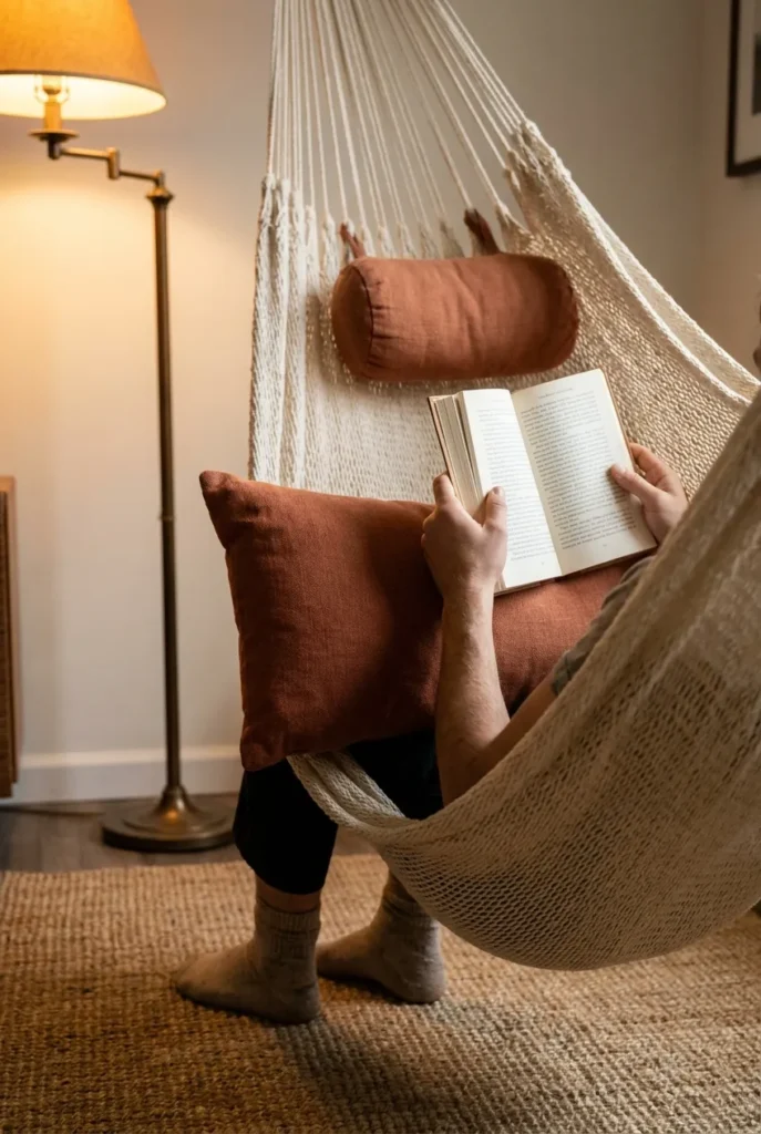 Reader in macrame hammock chair with correct reading posture using lumbar pillow and cylindrical neck bolster, warm ambient lighting.