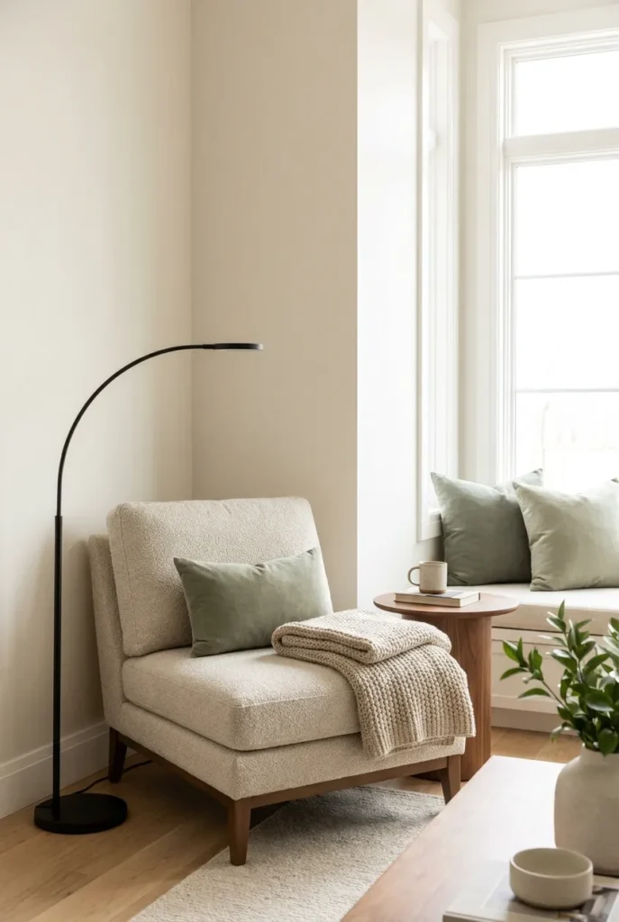 Reading area idea using a corner chair angled across an open-plan living room with side table and floor lamp.