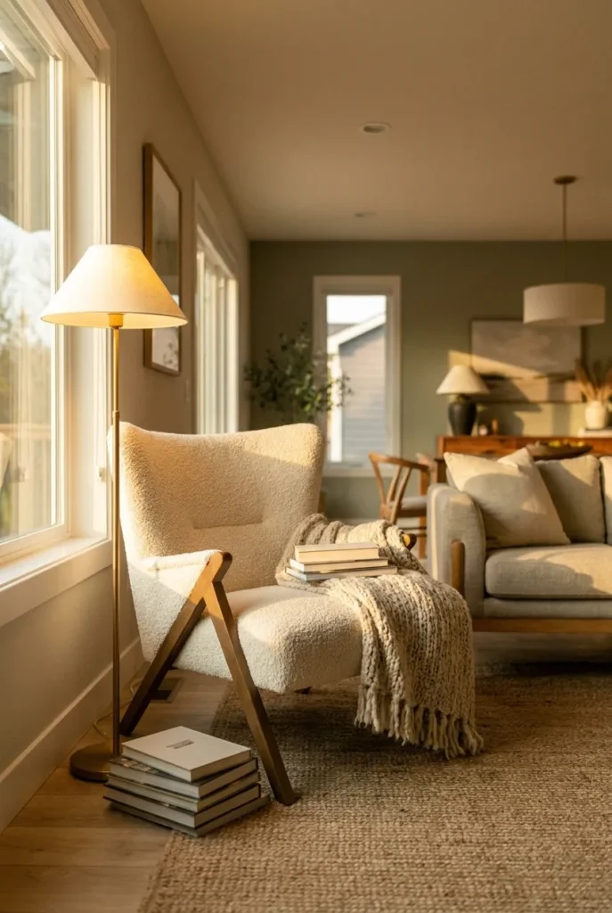 Reading area ideas for an open-plan living room with bouclé chair, warm lamp, and jute rug in a corner.
