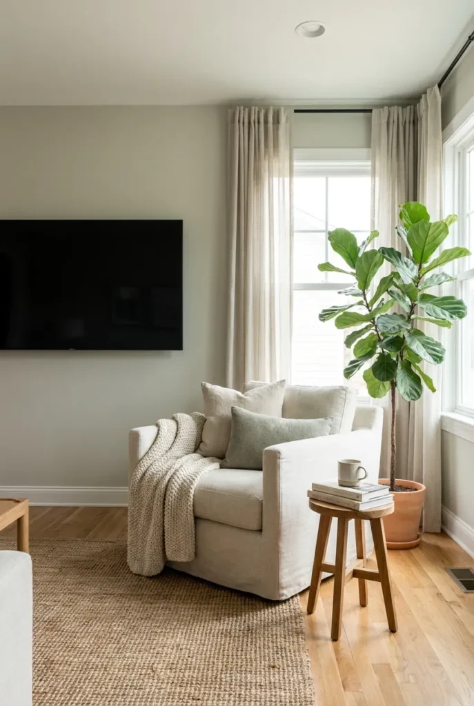 Reading chair angled away from the TV toward a window to create a quiet reading area in an open-plan room.