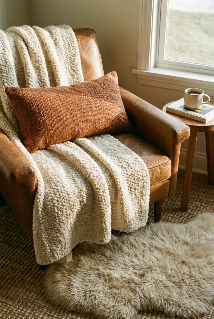 Reading chair layered with boucle throw, rust pillow, and sheepskin on a jute rug.