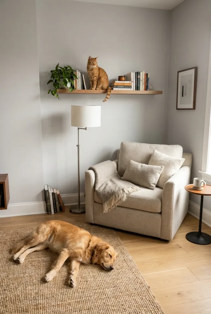 Reading chair tucked into a low-traffic corner with cat on a wall shelf and dog on a jute rug.