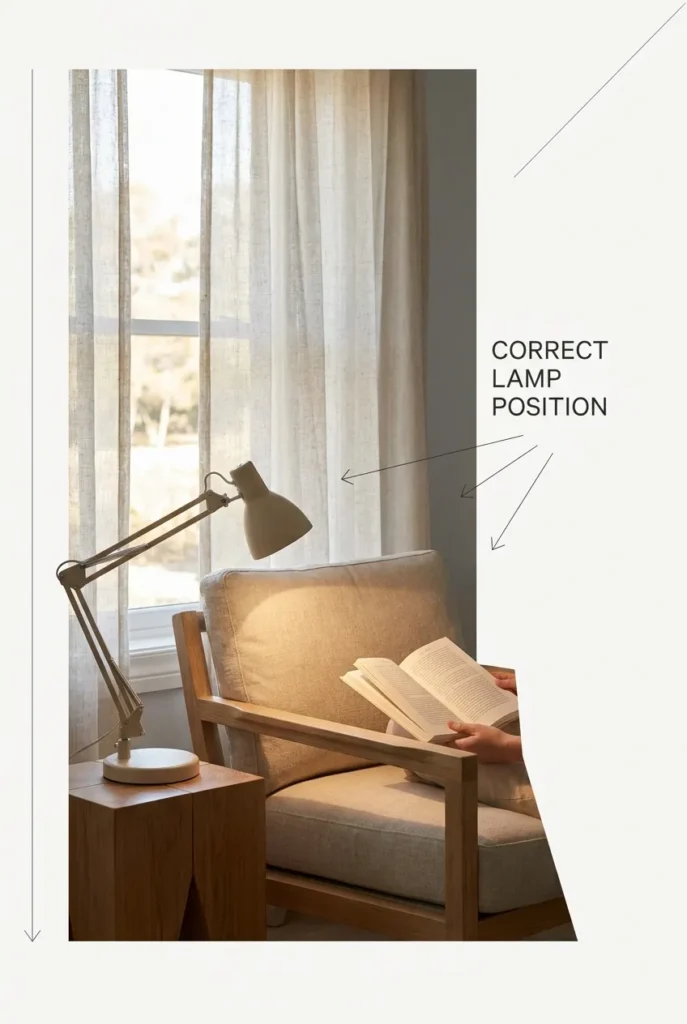 Reading lamp positioned to the side of a window seat to reduce glare.