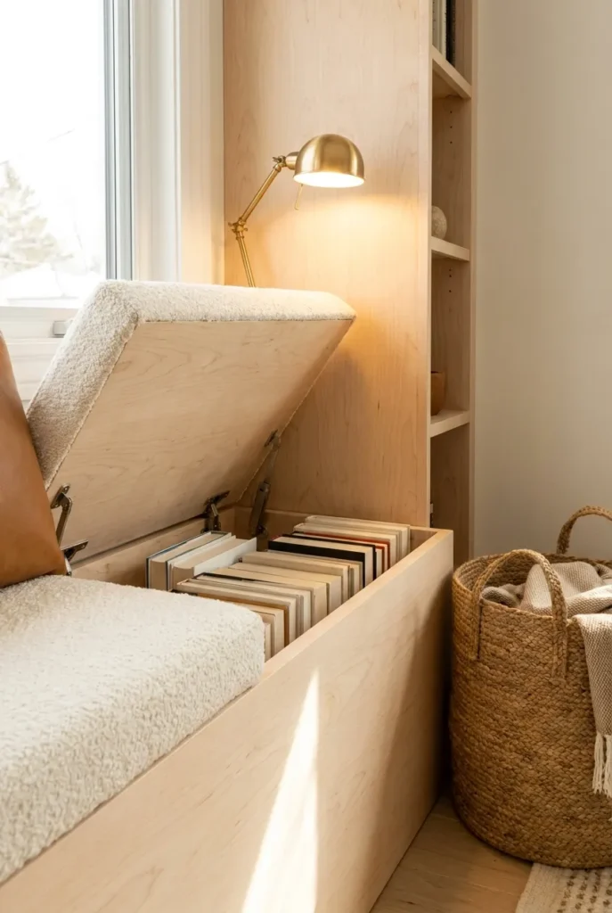 Reading nook bench with hidden storage inside the seat keeping books off the floor.