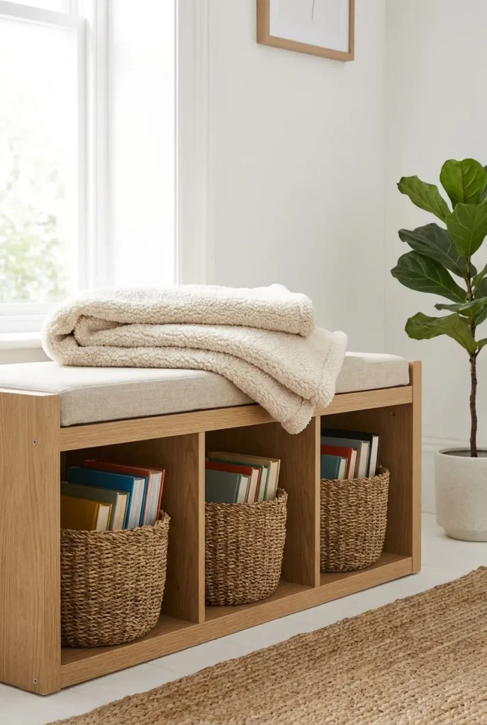 Reading nook bench with woven baskets in open cubbies holding books for tuck-under storage.