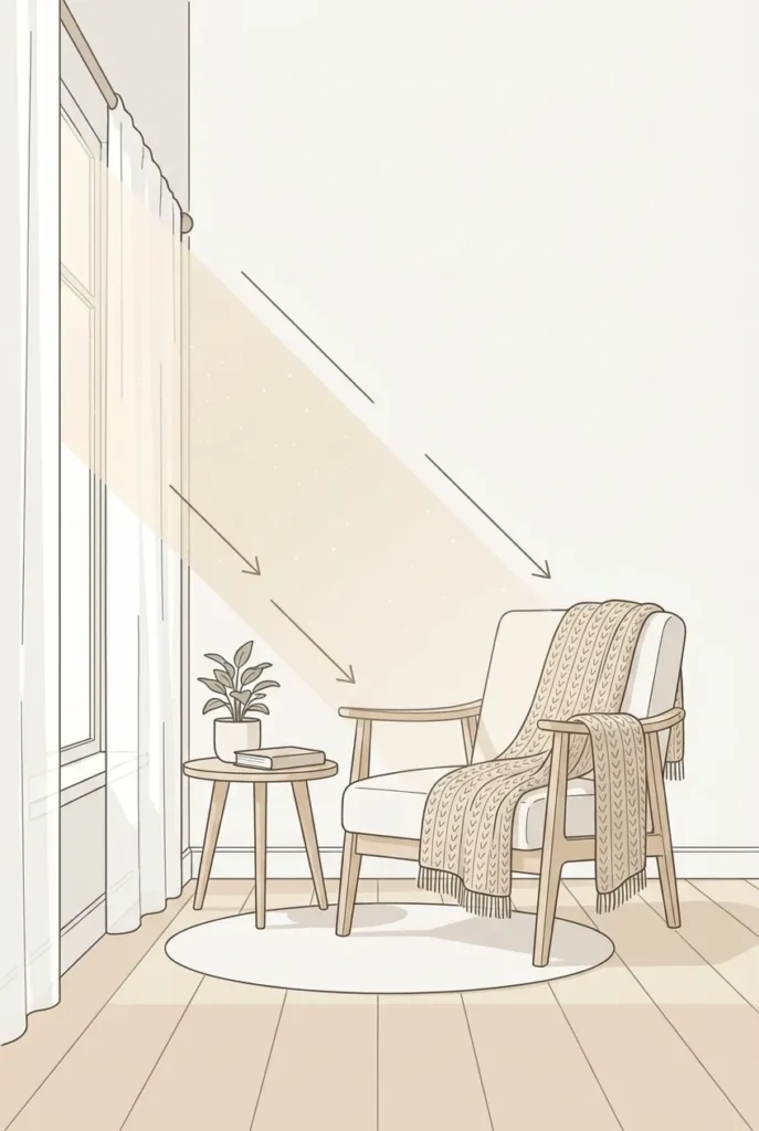 Reading nook beside a window showing soft north-style daylight diffused through a sheer curtain.