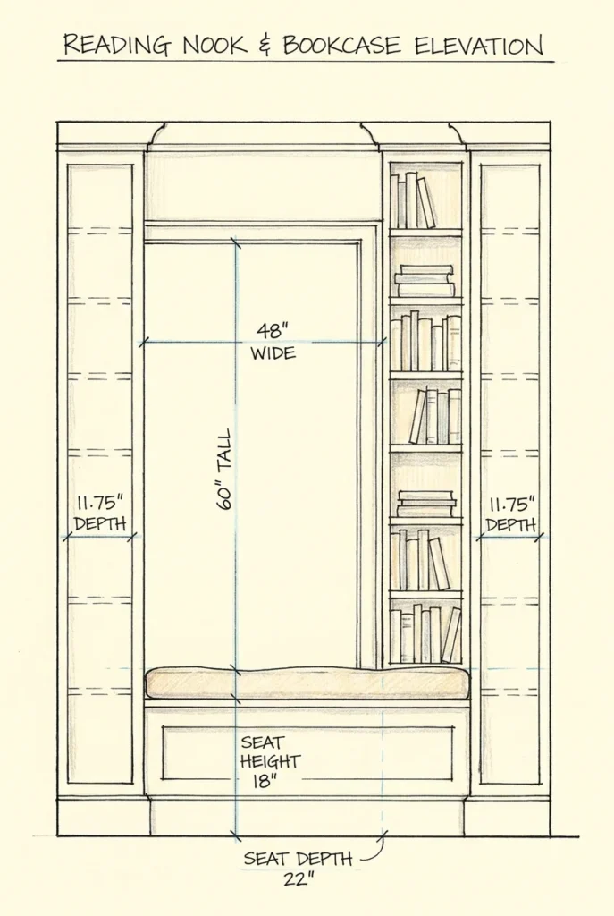 Reading nook bookcase wall elevation diagram with seat depth, opening width, and shelf depth measurements.