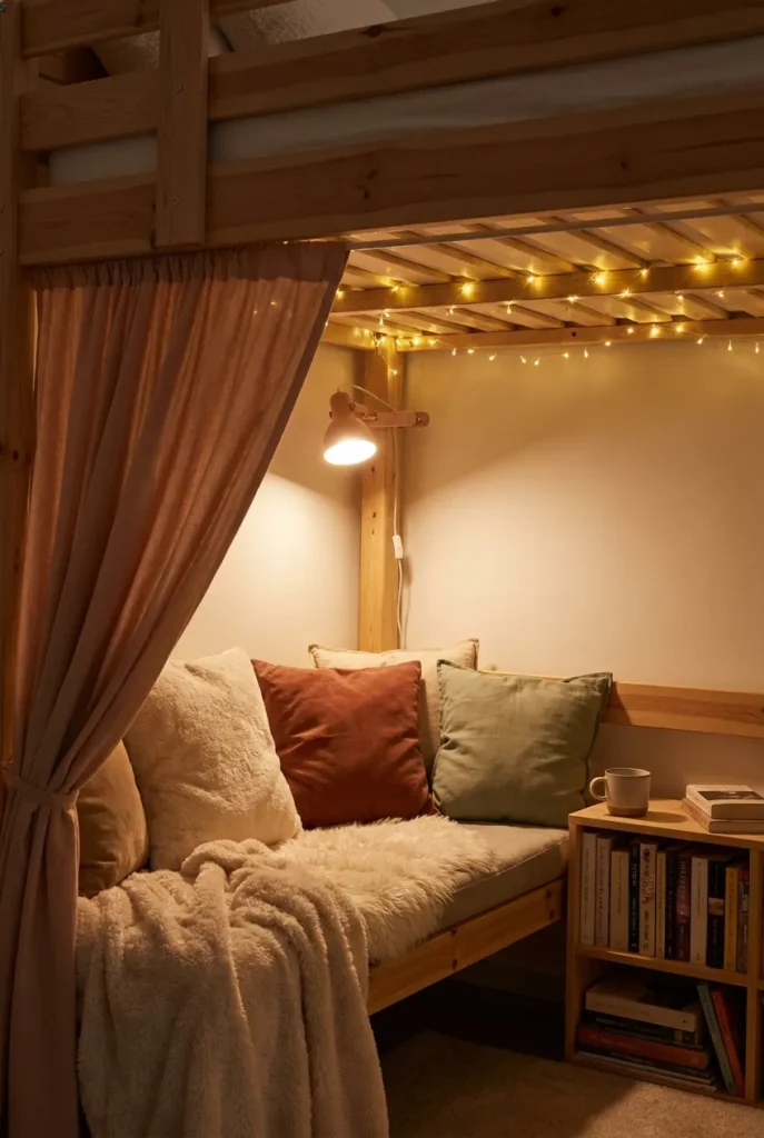 Reading nook built under a loft bed with a bench, curtain, and clip-on light.