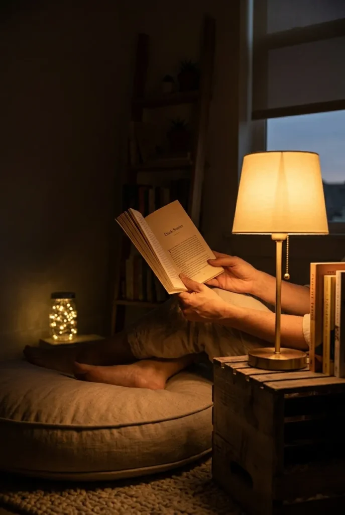 Reading nook floor cushion lit by a low table lamp at seated eye level showing correct 2700K lighting height for floor reading.